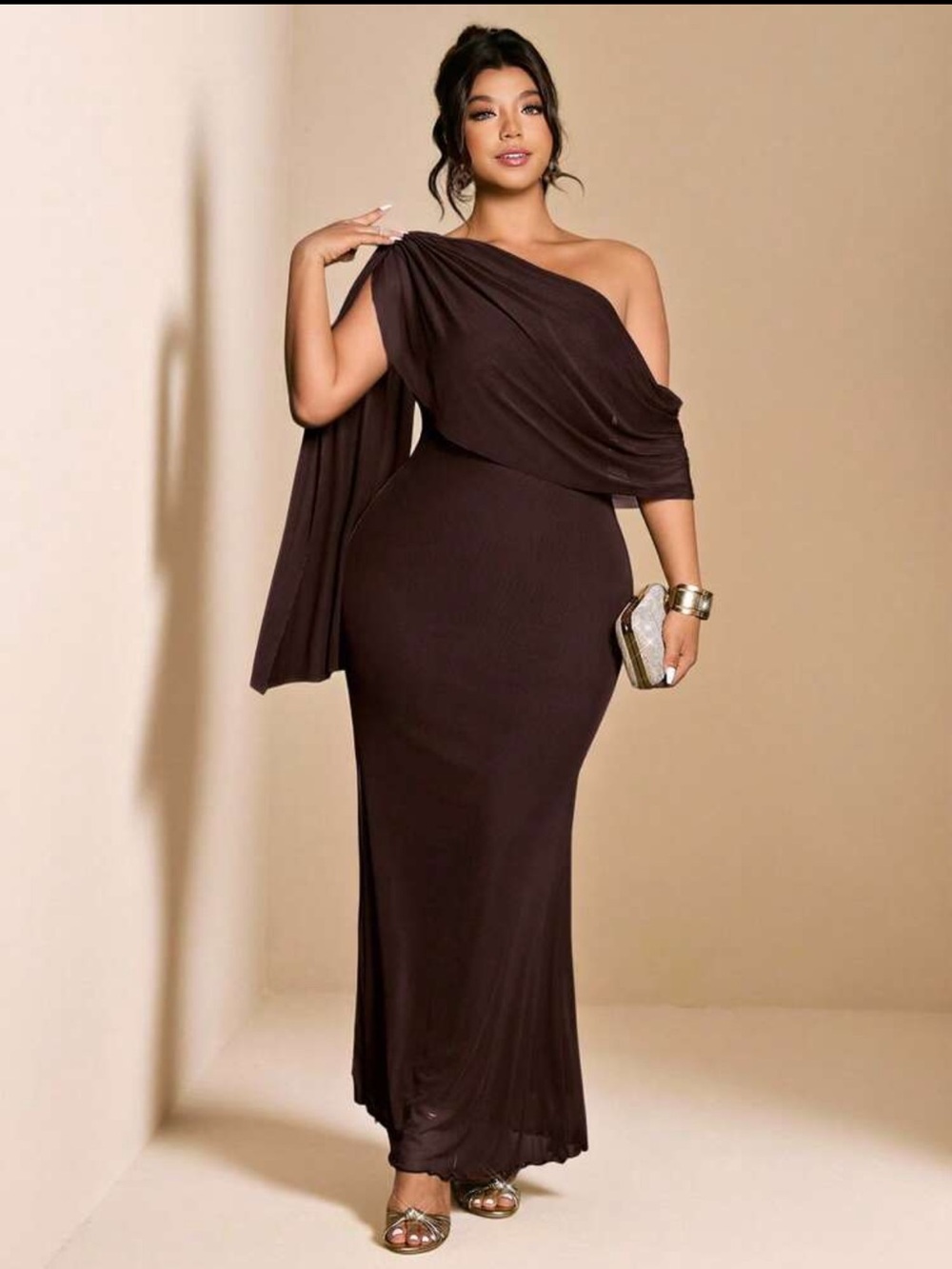 SHEIN Chocolate Brown One-Shoulder Draped Gown